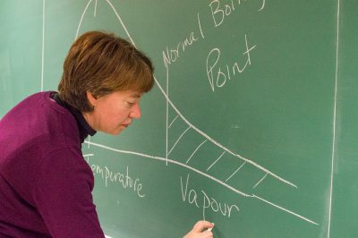 Professor Pam Wolff writes on a chalkboard
