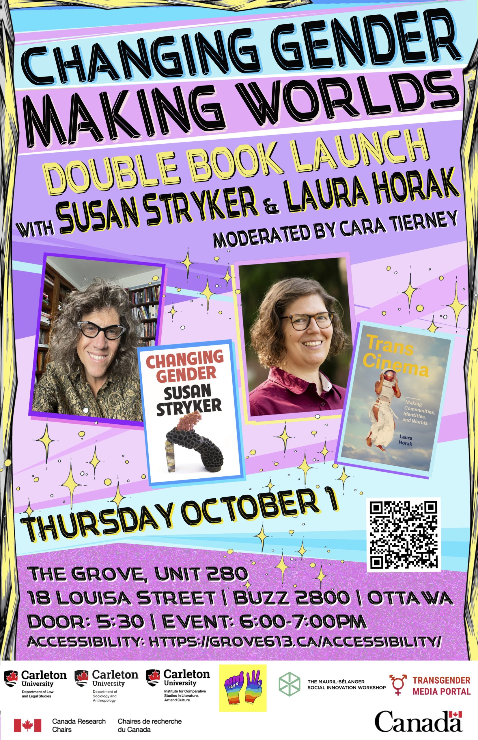 Blue, pink, and purple graphic poster with title of event and details, plus headshots of Stryker and Horak and images of their books.