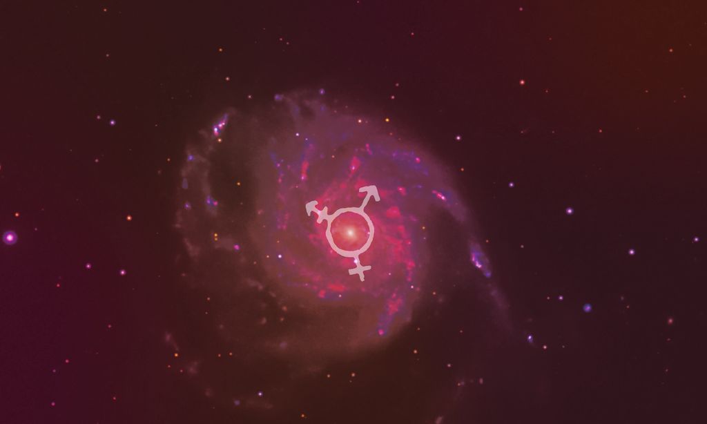A white trans icon falls into a pink galaxy in outer space