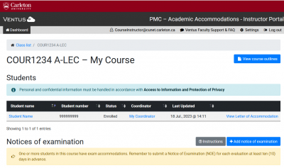 Example image of the Ventus course page in the instructor portal