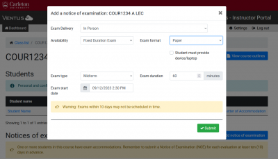 Screenshot of Notice of Examination pop-up form