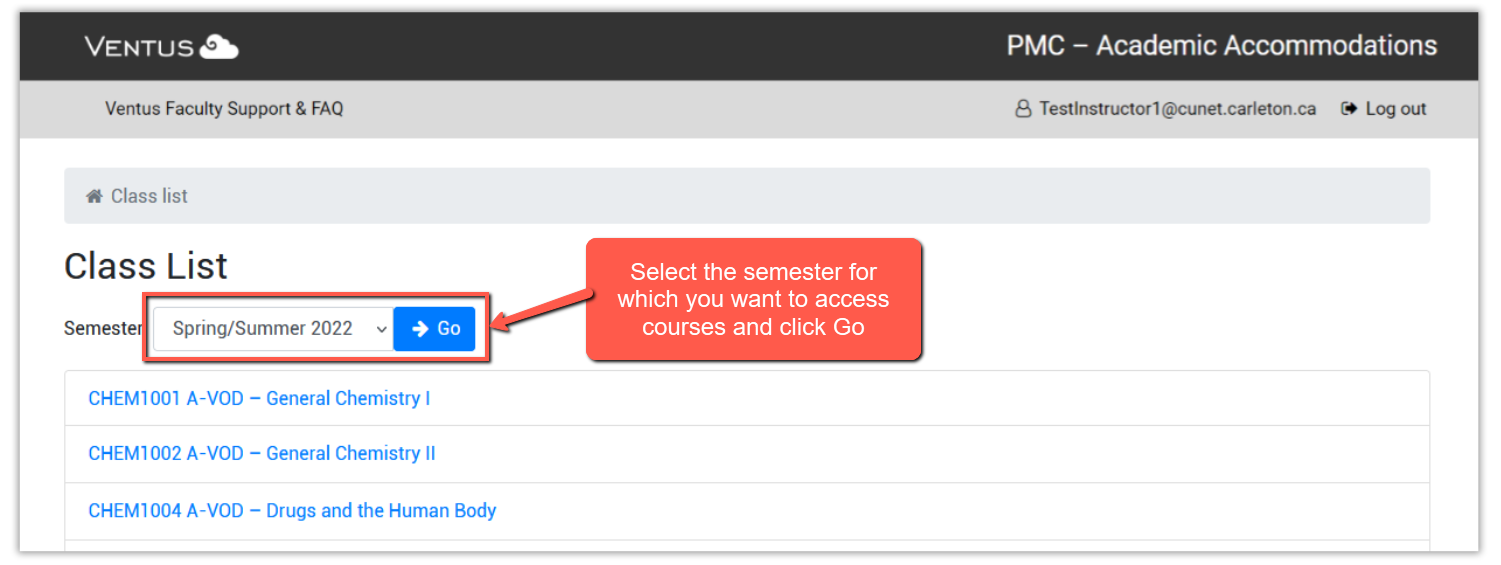 screenshot of the faculty portal Class List with Semester dropdown list and go button highlighted