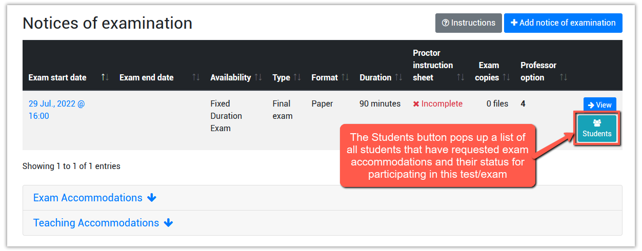 screenshot of the course page notices of examination list with callout pointing to the Students button to the right of the N.O.E. listing