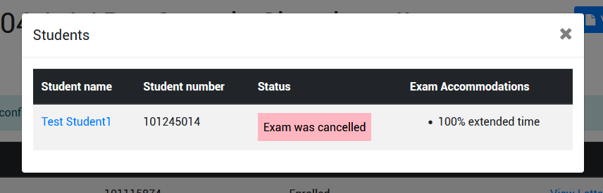 screenshot of the Students pop-up window, detailing the students that have requested exam accommodations and their status for participation in the test/exam