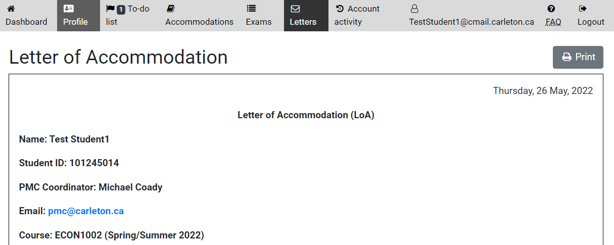 Screenshot of Letters tab with a sample of Letter of Accommodation