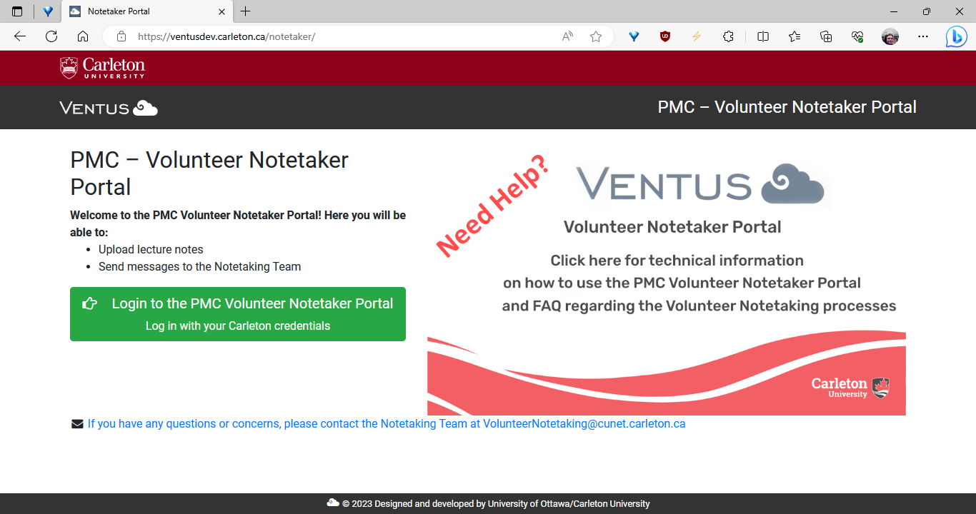 A screencapture image showing the login landing page for volunteer notetakers