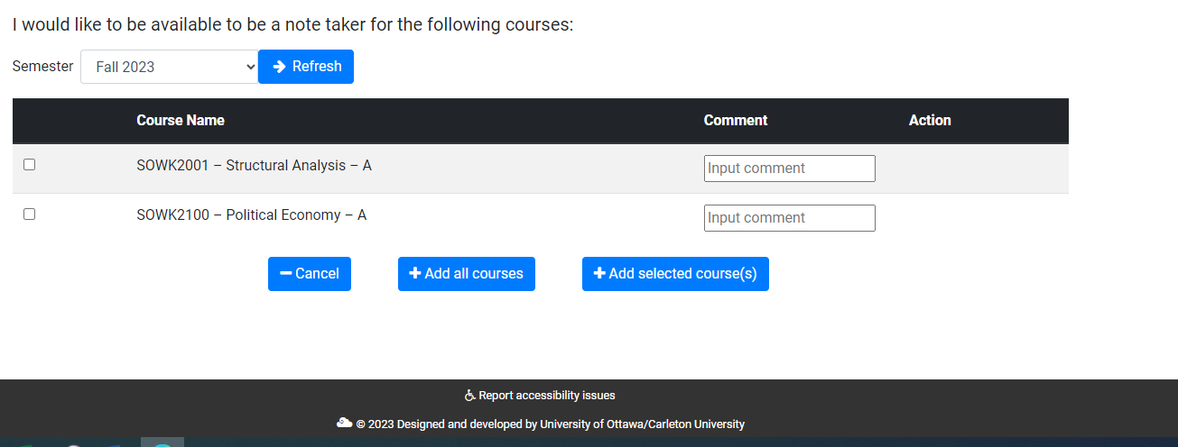 Screencapture image of courses seeking Volunteer Notetakers.