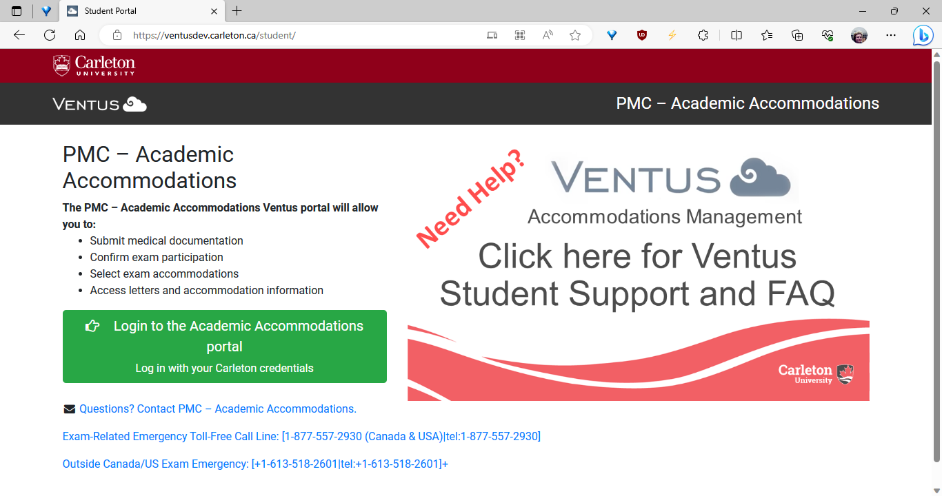 A screencapture image of the Ventus Student Portal Landing Page