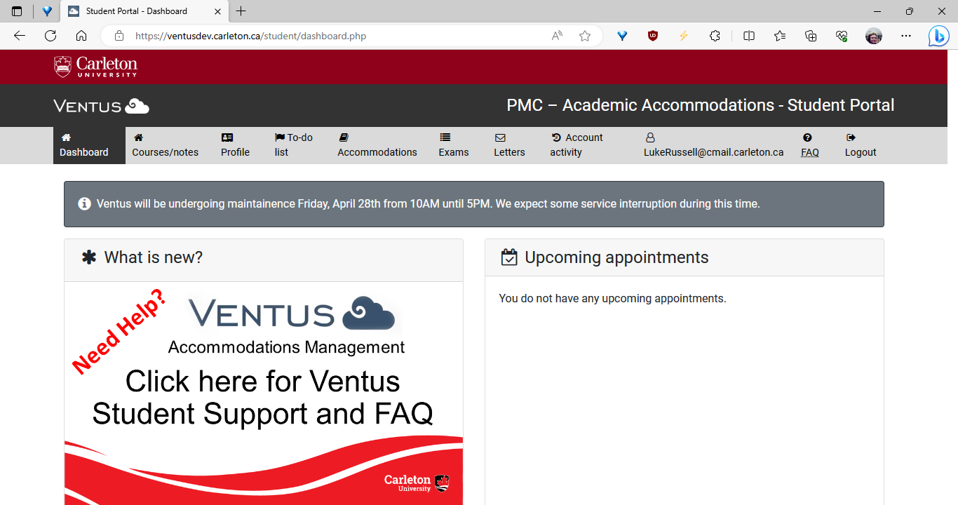 A screencapture image of the Ventus Student Portal Dashboard once you have logged in.