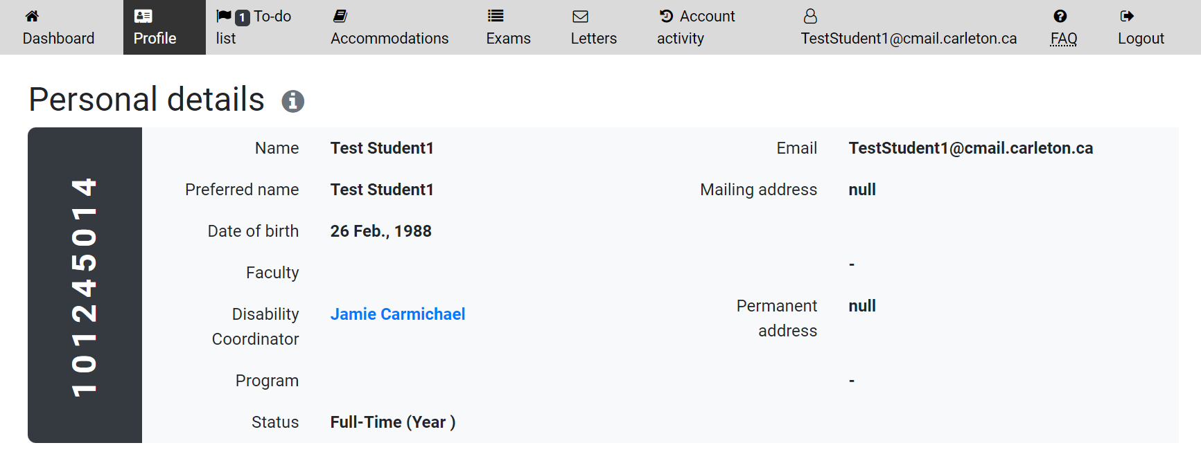 Screenshot of the Student portal Profile tab showing the top part of the screen with Test Student1's Personal Details section