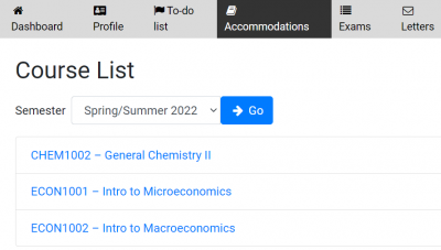 Screenshot of the Student portal Accommodations tab, showing an example of a test student's Course List with 3 courses for the Spring / Summer 2022 semester