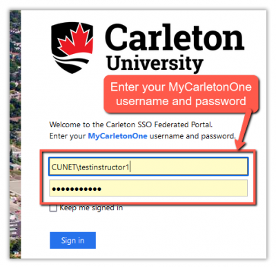 Screenshot of the second log in screen, on the Carleton SSO portal, a red callout labelled "enter your My Carleton One username and password" with an arrow pointing to the username and password fields.