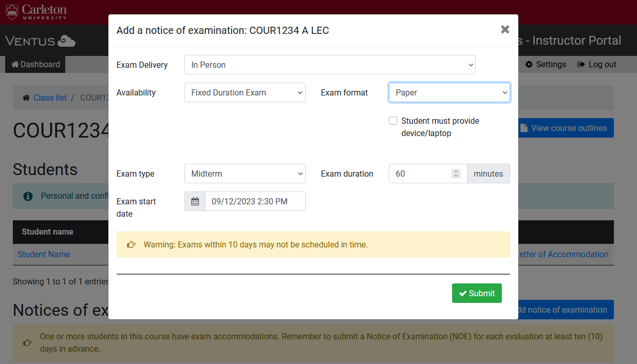 Screenshot of Notice of Examination pop-up form.
