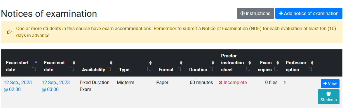 Screenshot of Ventus Notices of Examination table.