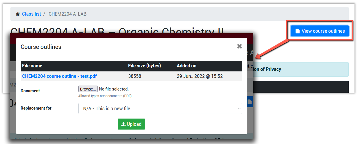 Screenshot of the Course page with 'view course outlines' button and the Course Outlines dialog box