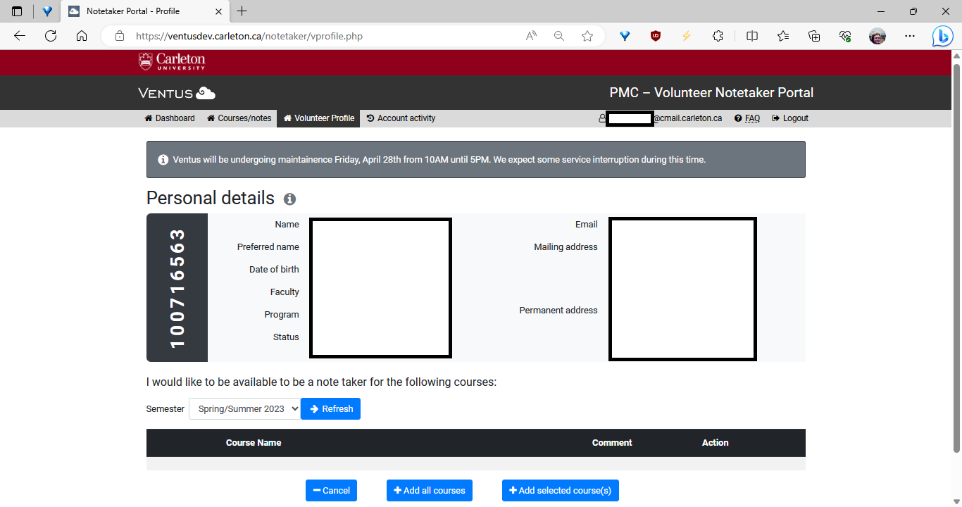 Screencapture image of the Volunteer Profile page in Ventus