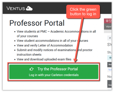 Screenshot of the Ventus Faculty Portal log in screen with an arrow indicating the green "Try the Professor Portal" button.