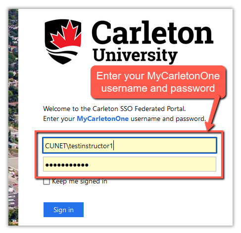 Screenshot of Carleton's SSO login portal with an arrow indicating where to enter MC1 login credentials.