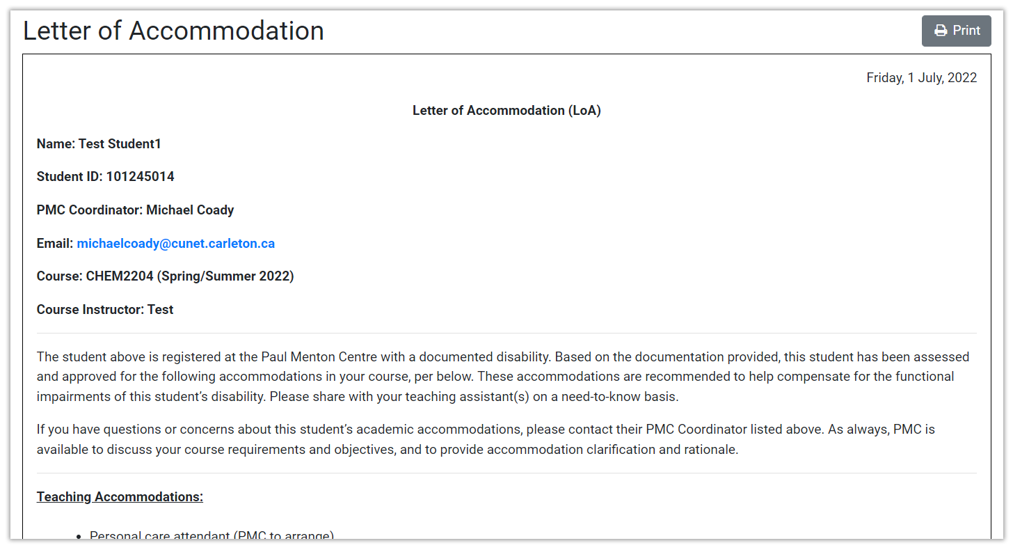 Screenshot of a sample student letter of accommodation with a grey print button