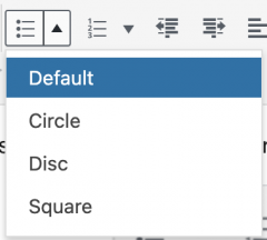 Style options for Bulleted Lists include default, circle, disc and square