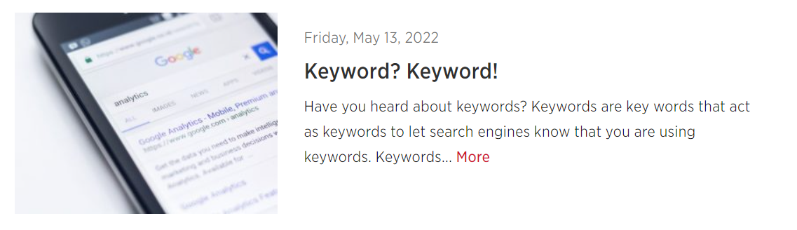 A sample news post with the title and content stuffed with the keyword "keyword"