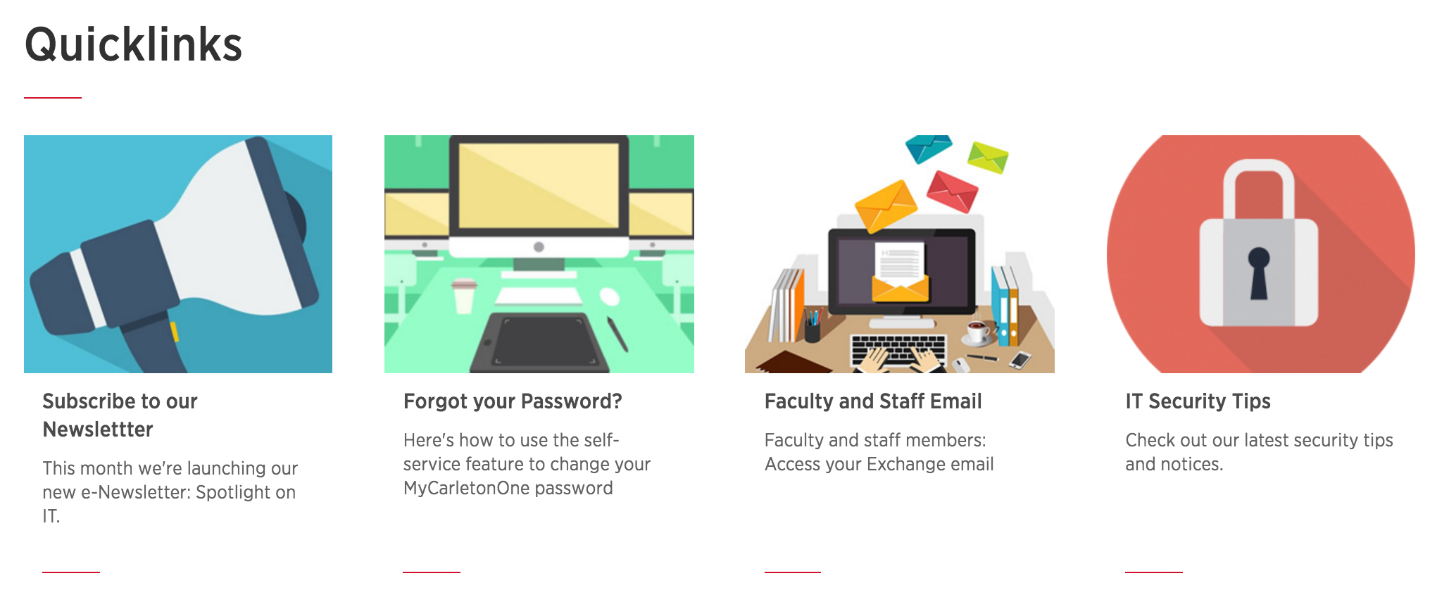 CCS Website Quicklinks Screenshot - four boxes with the following content: subscribe to our newsletter, forgot your password, faculty and staff email, IT security tips