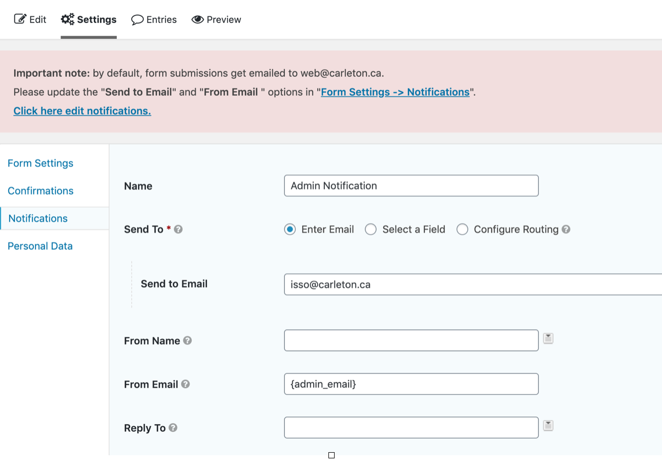 A screenshot of a typical Gravity Forms form notification admin screen