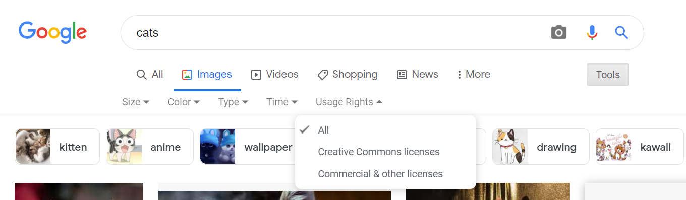 Google image search of the term "cats", with the Usage dropdown under Tools open