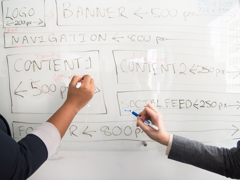 Web Designers draw a site map on a whiteboard.