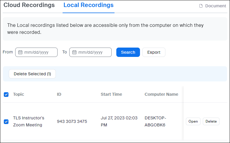 Screenshot of the Local Recordings tab.